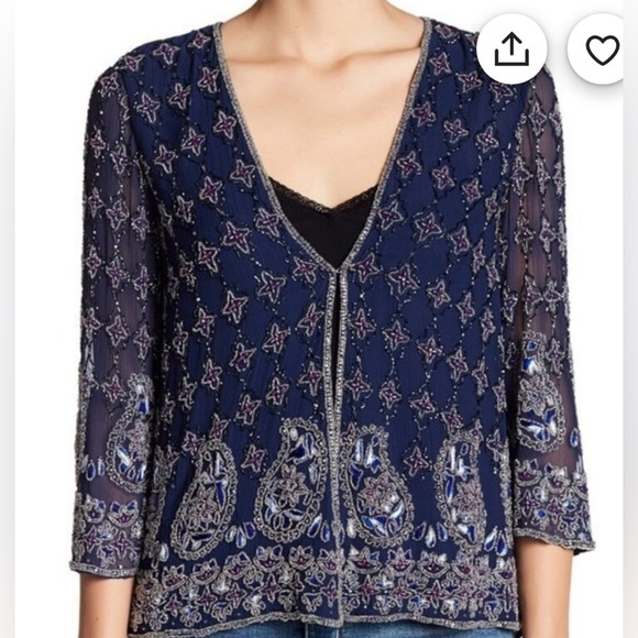 Calypso St. Barth Dapis Silk Embellished Blue Beaded Evening Jacket, Large - Picture 4 of 13